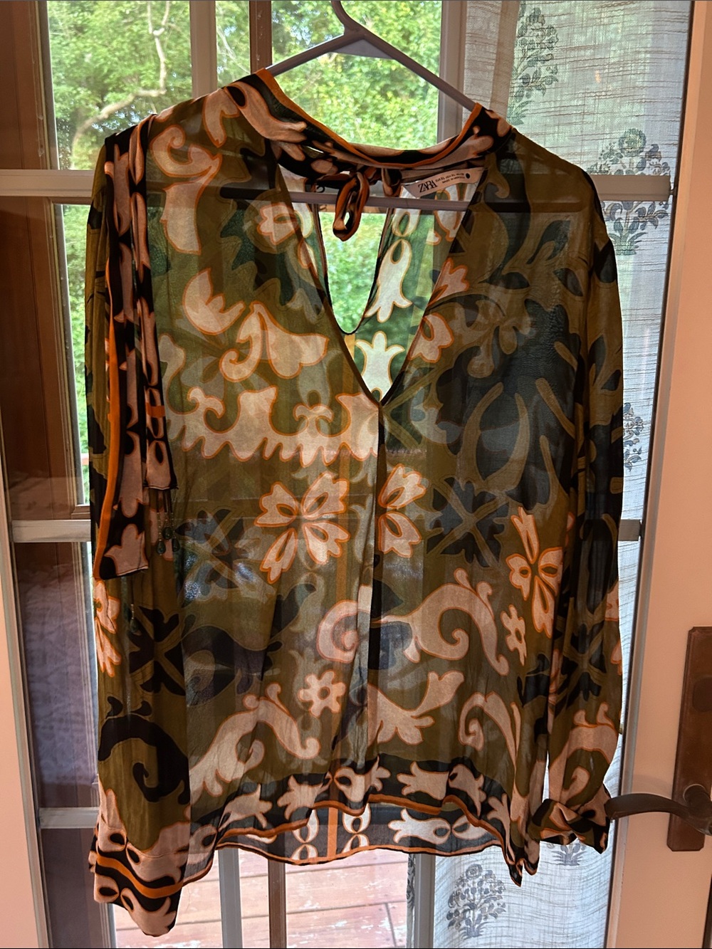 Zara Olive Green & Cream Sheer Floral Tie-Neck Blouse